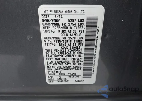 2014 Nissan Murano Sl из США, поврежденный, VIN JN8AZ1MW7EW527444